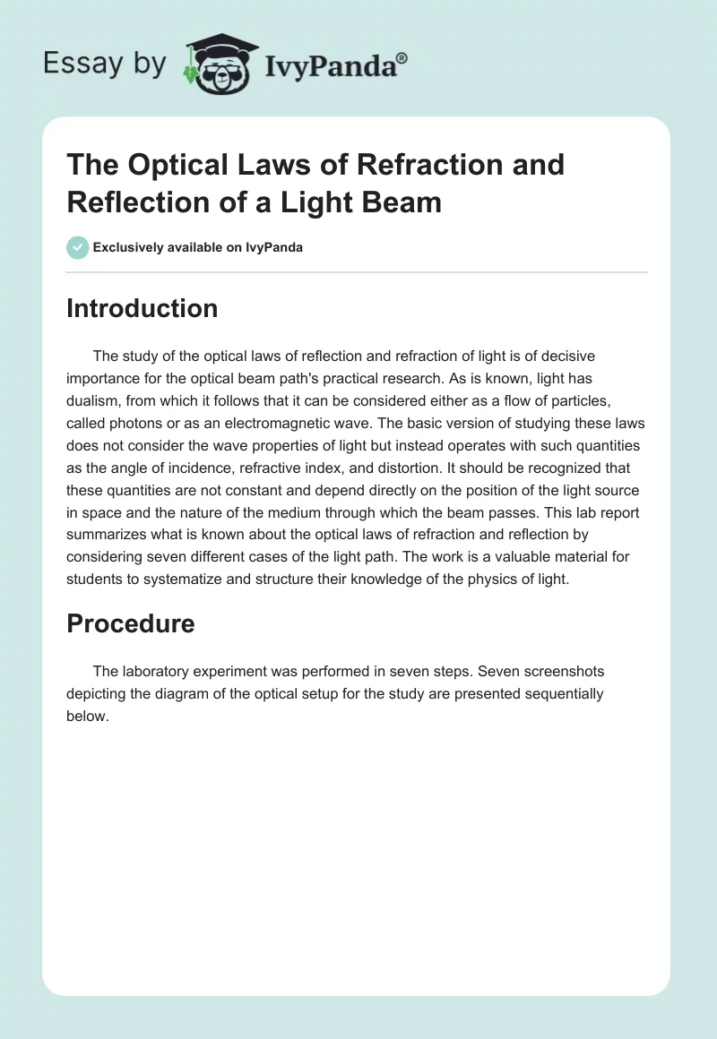 The Optical Laws of Refraction and Reflection of a Light Beam. Page 1