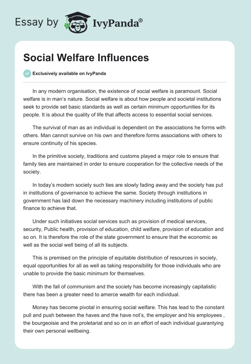 Social Welfare Influences. Page 1