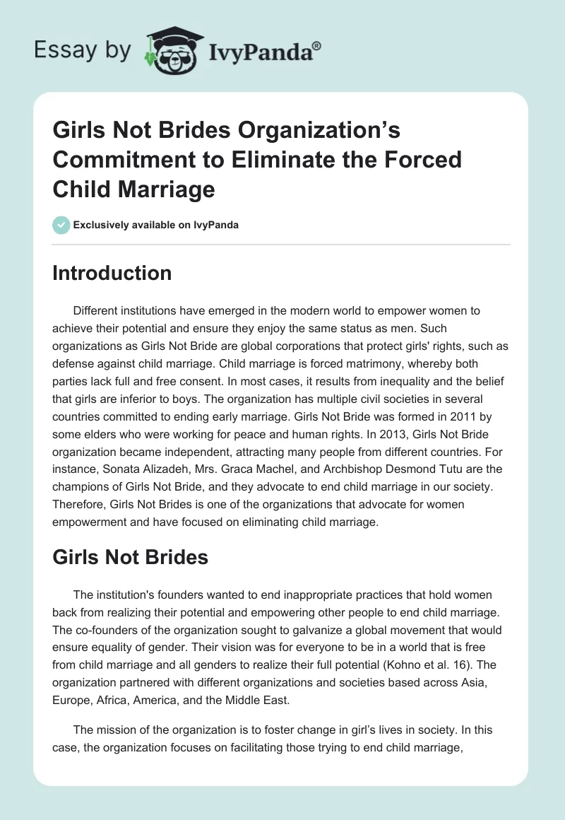 Girls Not Brides Organization’s Commitment to Eliminate the Forced Child Marriage. Page 1