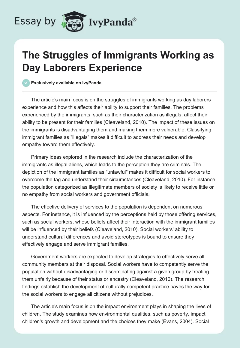 The Struggles of Immigrants Working as Day Laborers Experience. Page 1