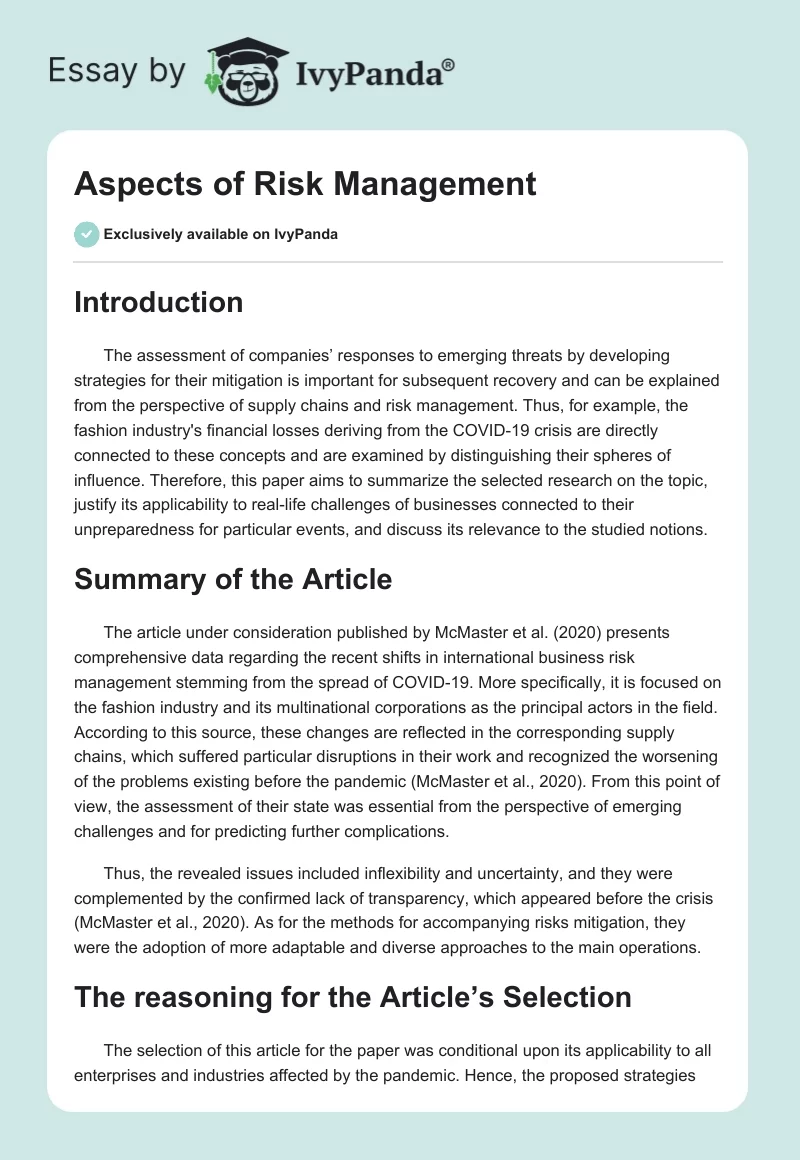 Aspects of Risk Management. Page 1