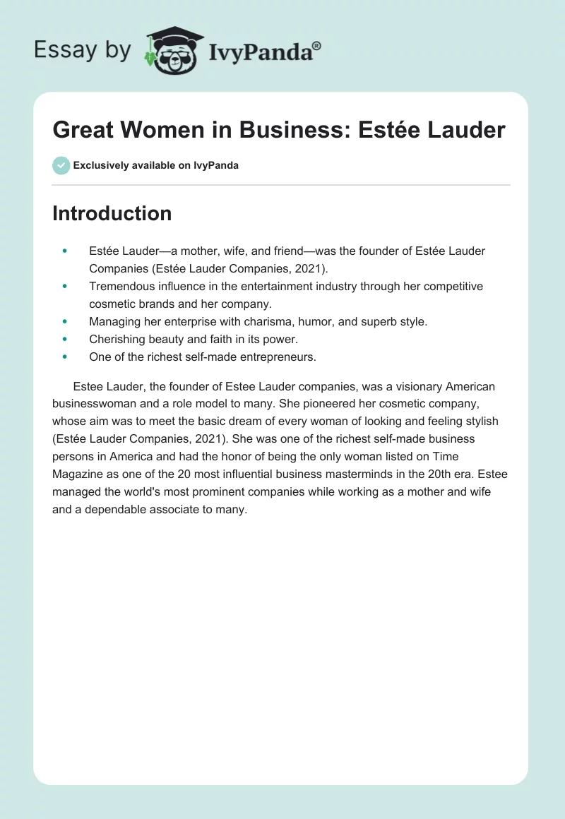 Great Women in Business: Estée Lauder. Page 1