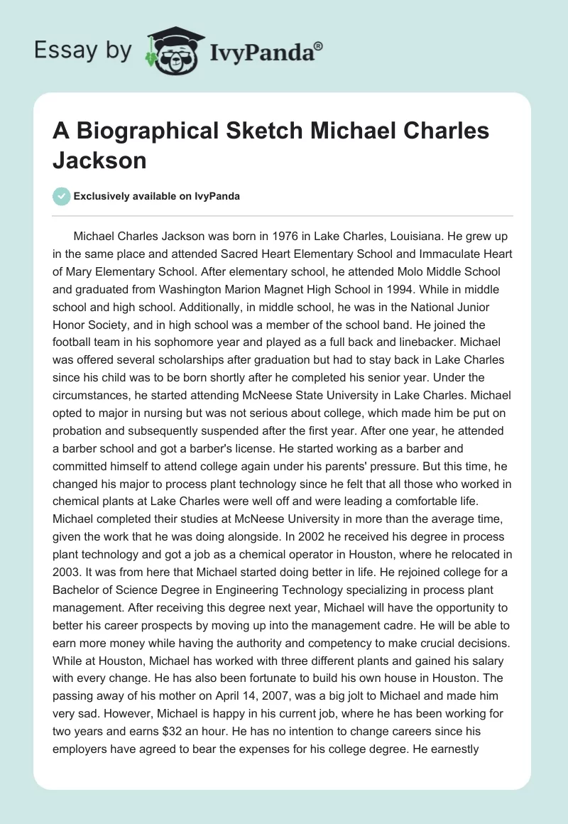 A Biographical Sketch Michael Charles Jackson. Page 1