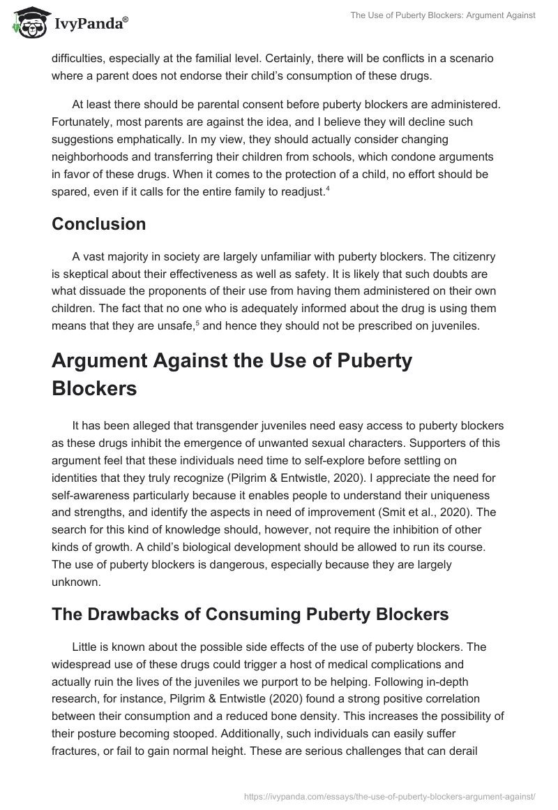 The Use of Puberty Blockers: Argument Against. Page 2