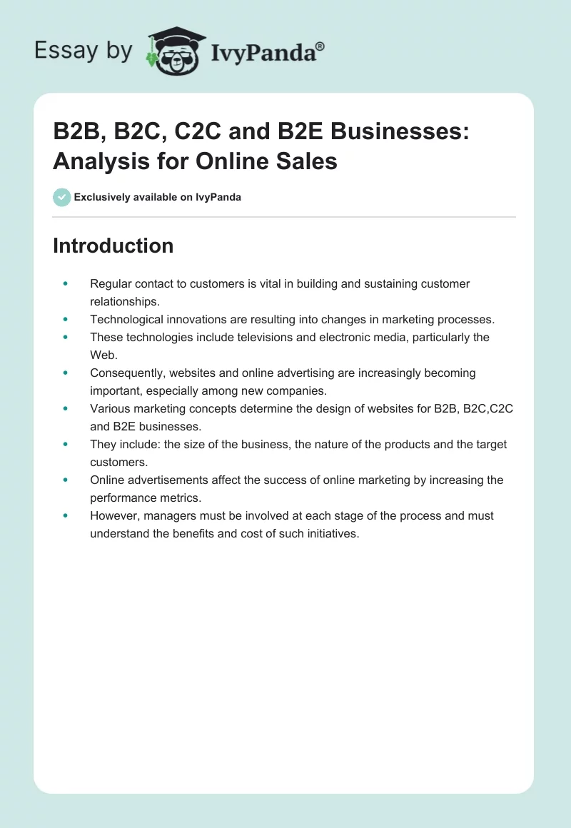 B2B, B2C, C2C and B2E Businesses: Analysis for Online Sales. Page 1