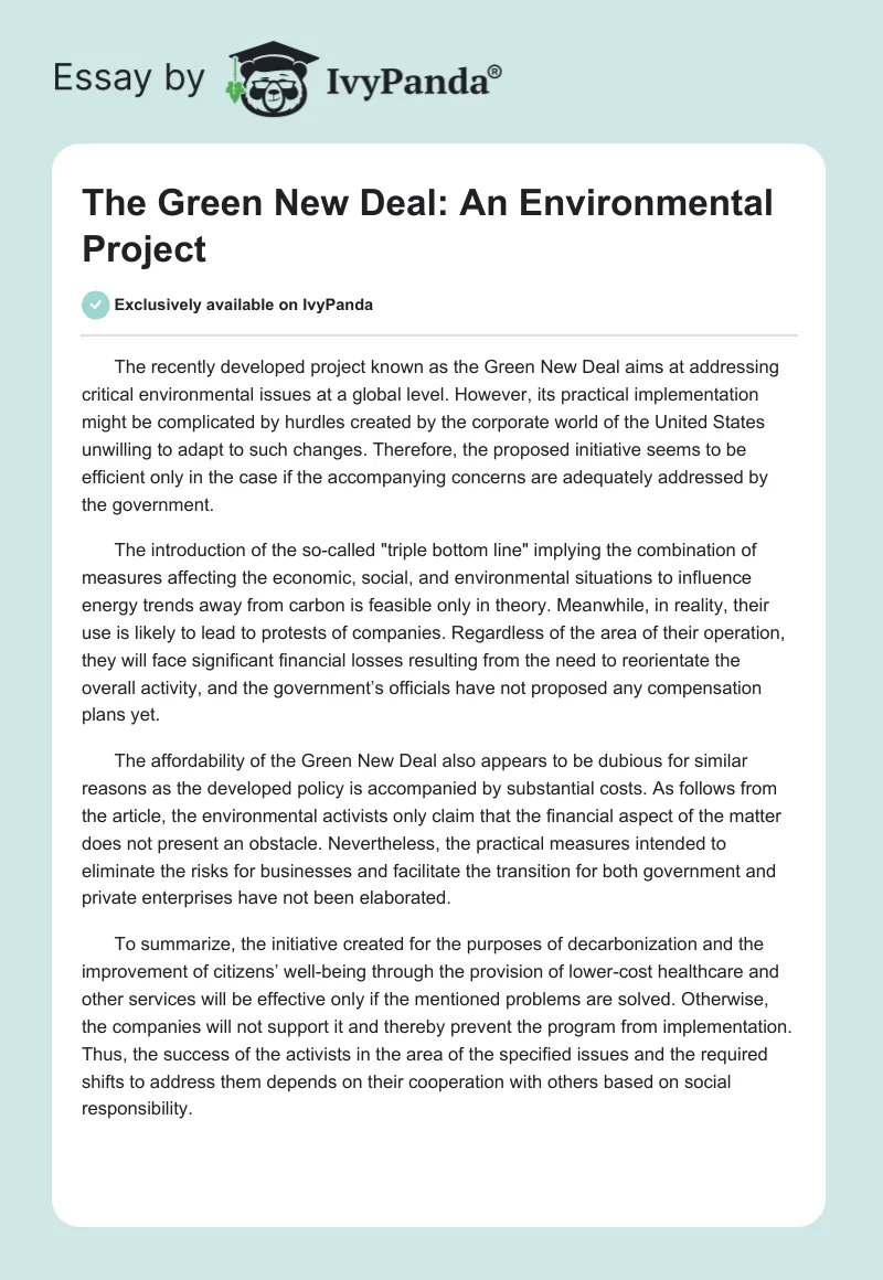 The Green New Deal: An Environmental Project. Page 1