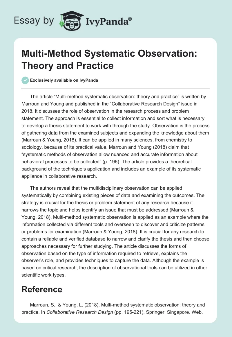 Multi-Method Systematic Observation: Theory and Practice. Page 1