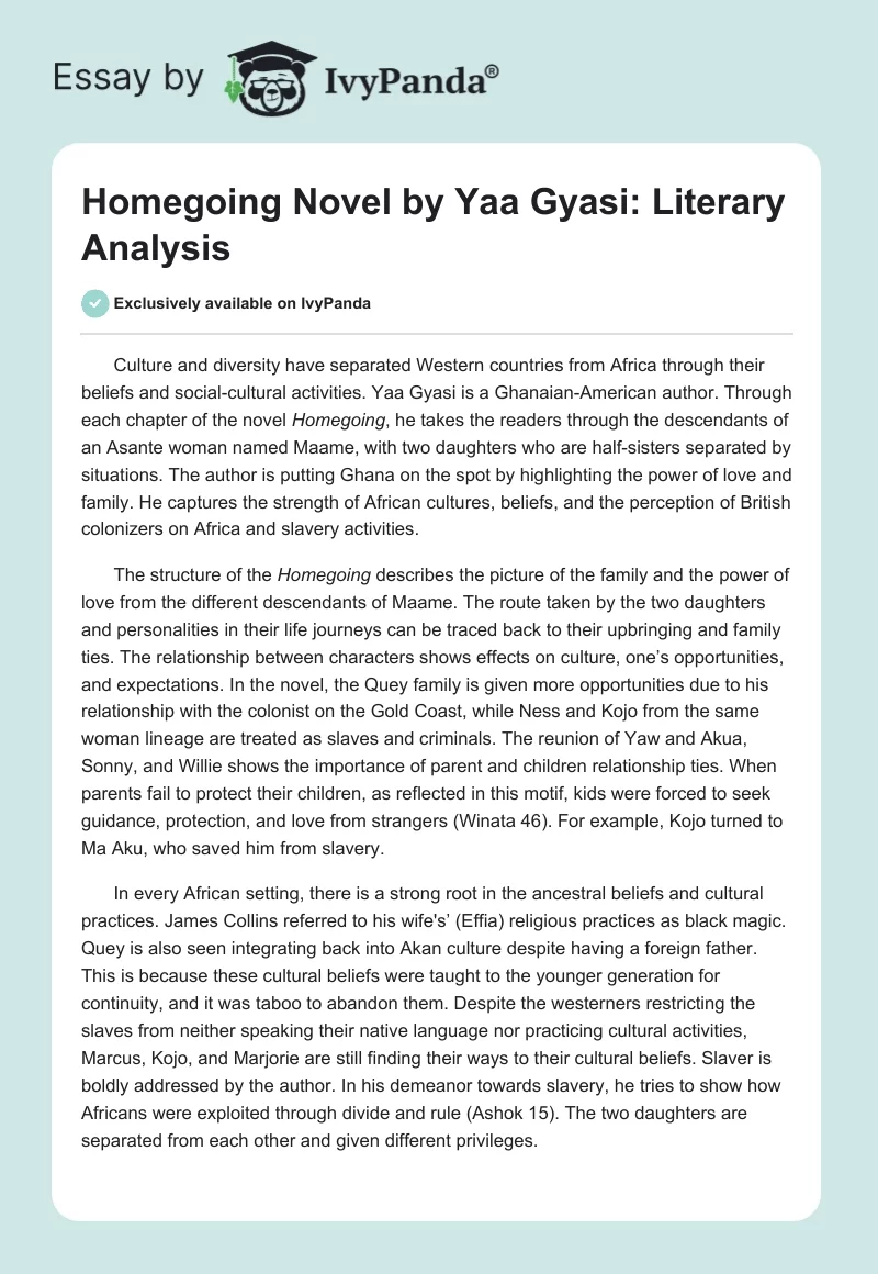 "Homegoing" Novel by Yaa Gyasi: Literary Analysis. Page 1