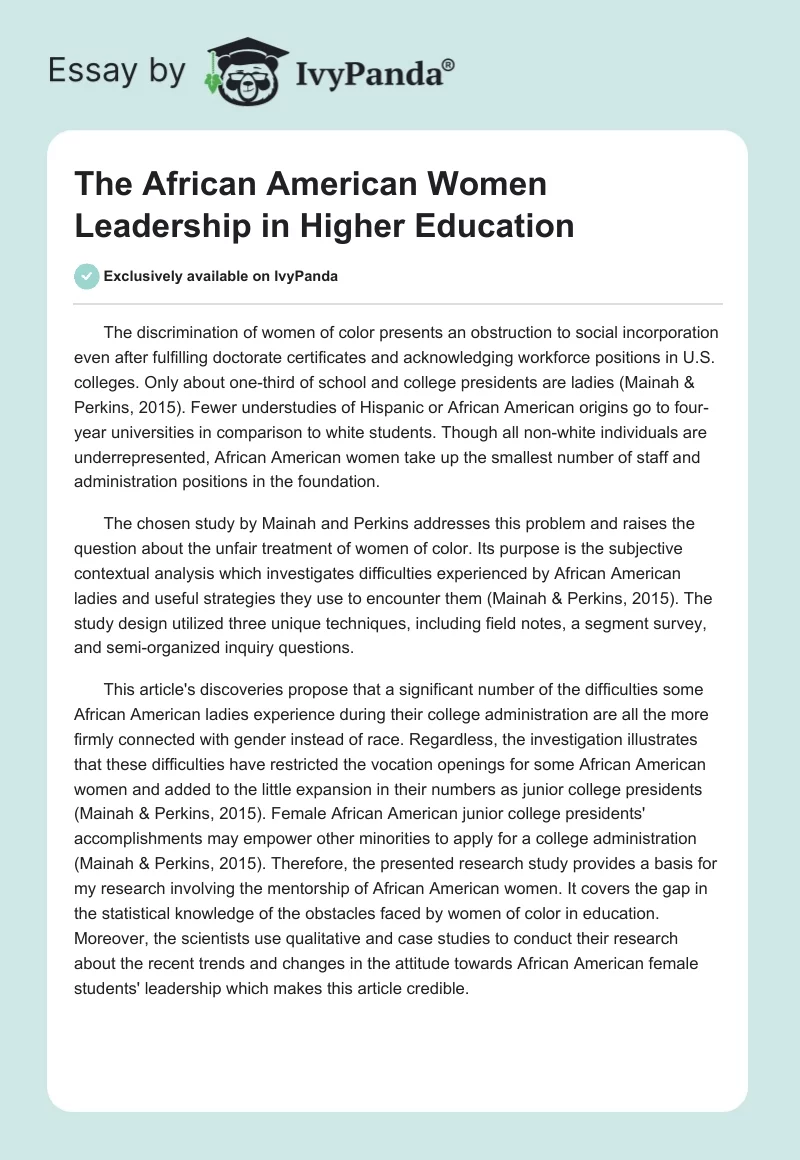 The African American Women Leadership in Higher Education. Page 1