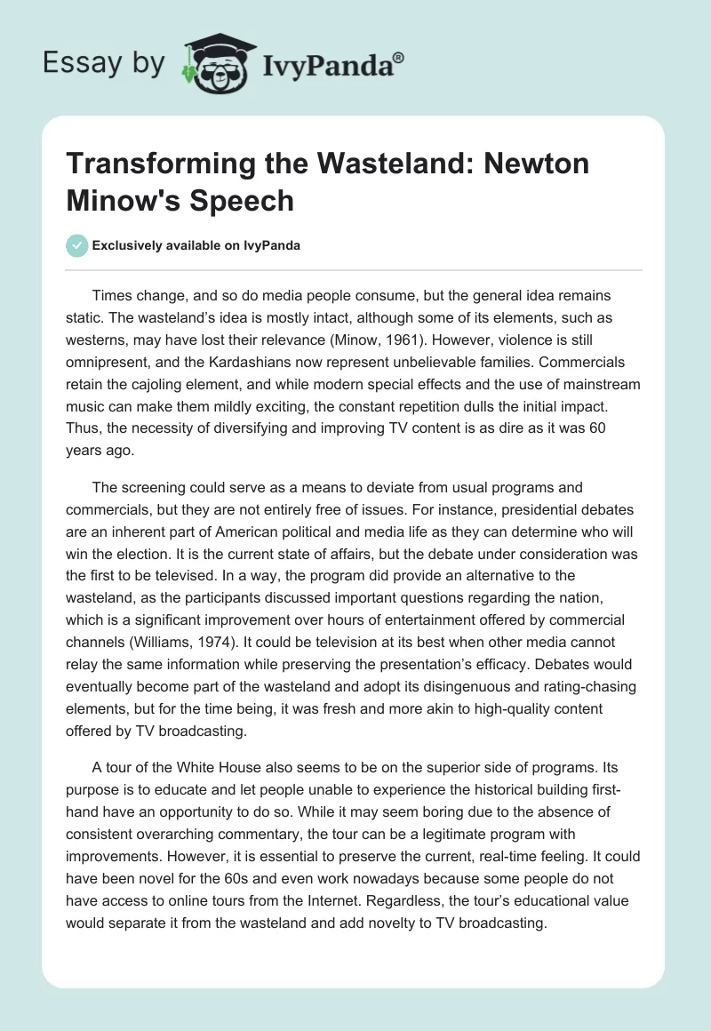 Transforming the Wasteland: Newton Minow's Speech. Page 1
