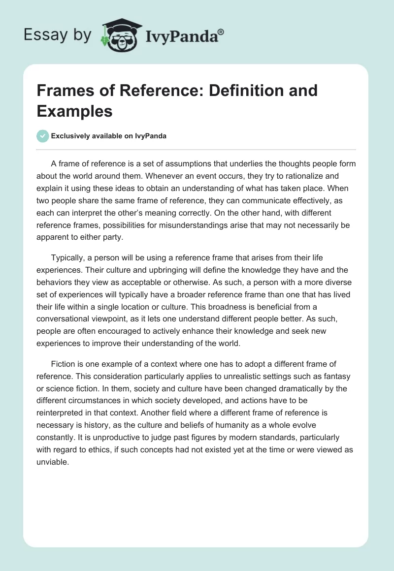 Frames Of Reference Definition And Examples 298 Words Essay Example