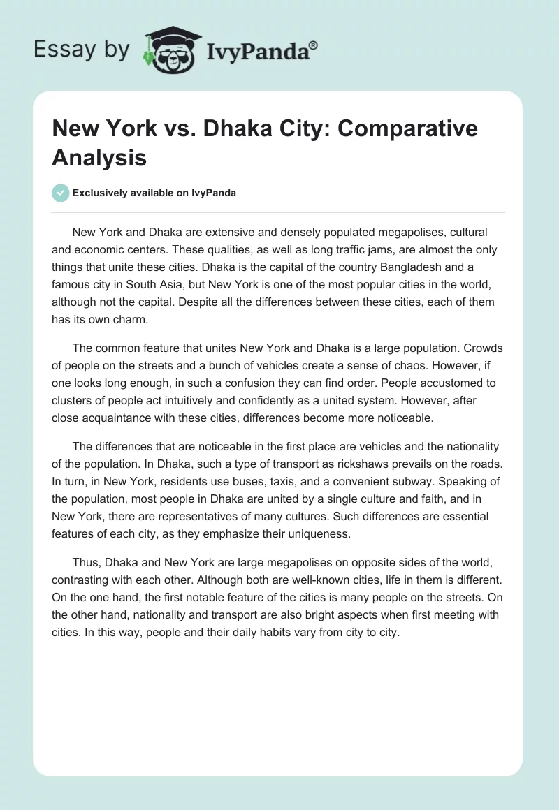 New York vs. Dhaka City: Comparative Analysis. Page 1