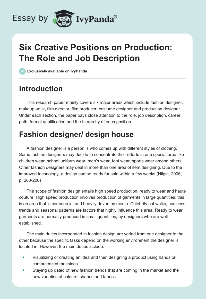 Six Creative Positions on Production: The Role and Job Description. Page 1