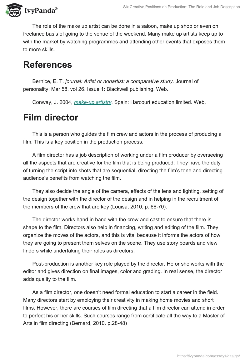 Six Creative Positions on Production: The Role and Job Description. Page 4