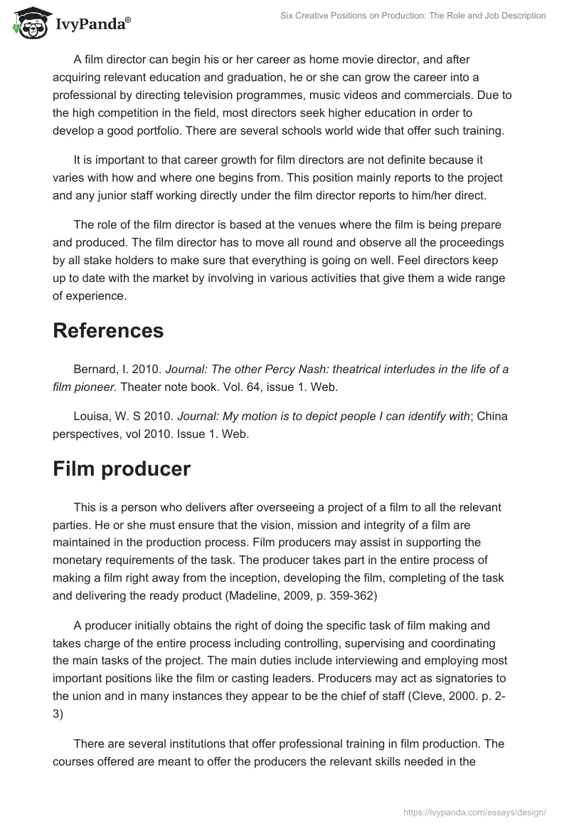 Six Creative Positions on Production: The Role and Job Description. Page 5