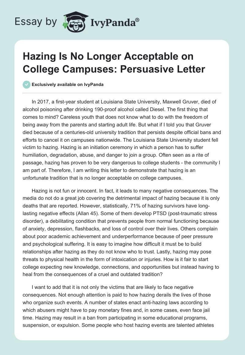 Hazing Is No Longer Acceptable on College Campuses: Persuasive Letter. Page 1