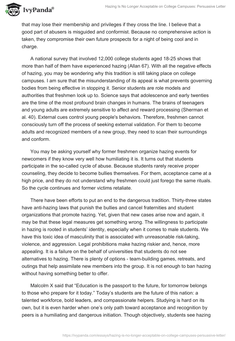 Hazing Is No Longer Acceptable on College Campuses: Persuasive Letter. Page 2