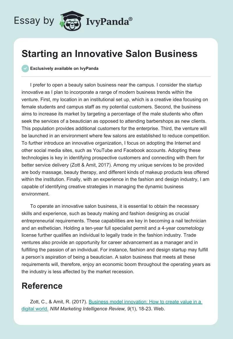 Starting an Innovative Salon Business. Page 1