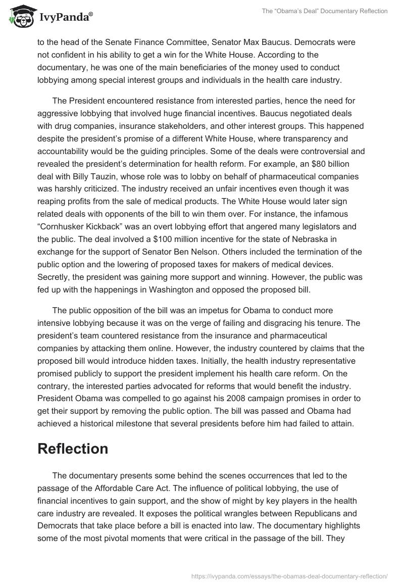 The “Obama’s Deal” Documentary Reflection. Page 2