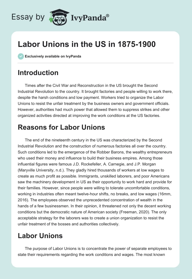 Labor Unions in the US in 1875-1900. Page 1