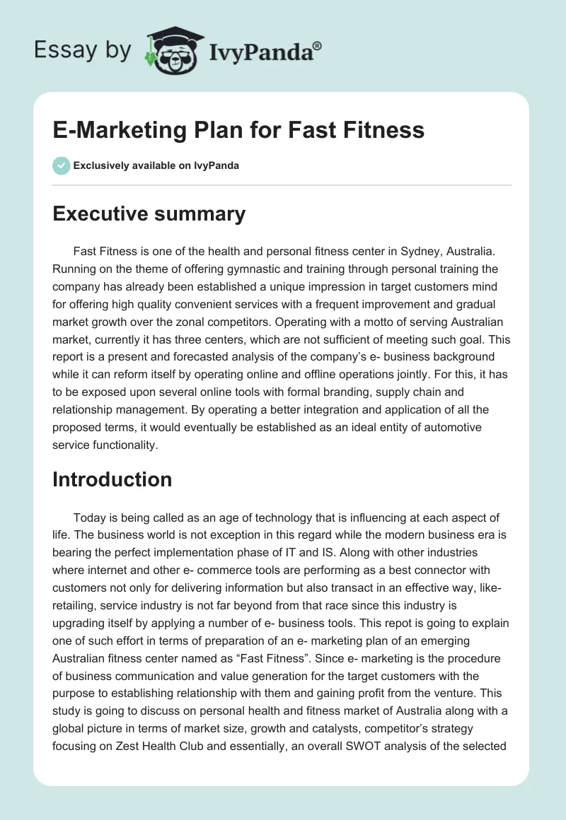 E-Marketing Plan for Fast Fitness. Page 1
