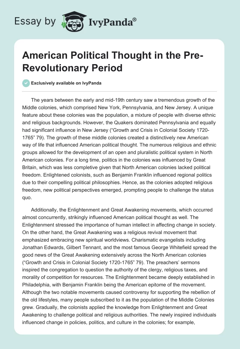 American Political Thought in the Pre-Revolutionary Period. Page 1