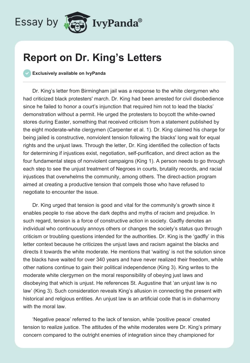 Report on Dr. King’s Letters. Page 1