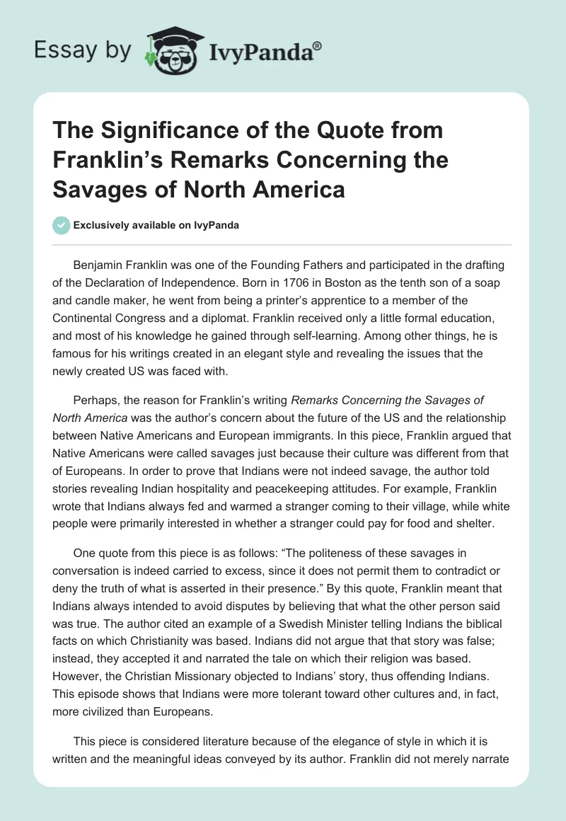 The Significance of the Quote From Franklin’s Remarks Concerning the Savages of North America. Page 1