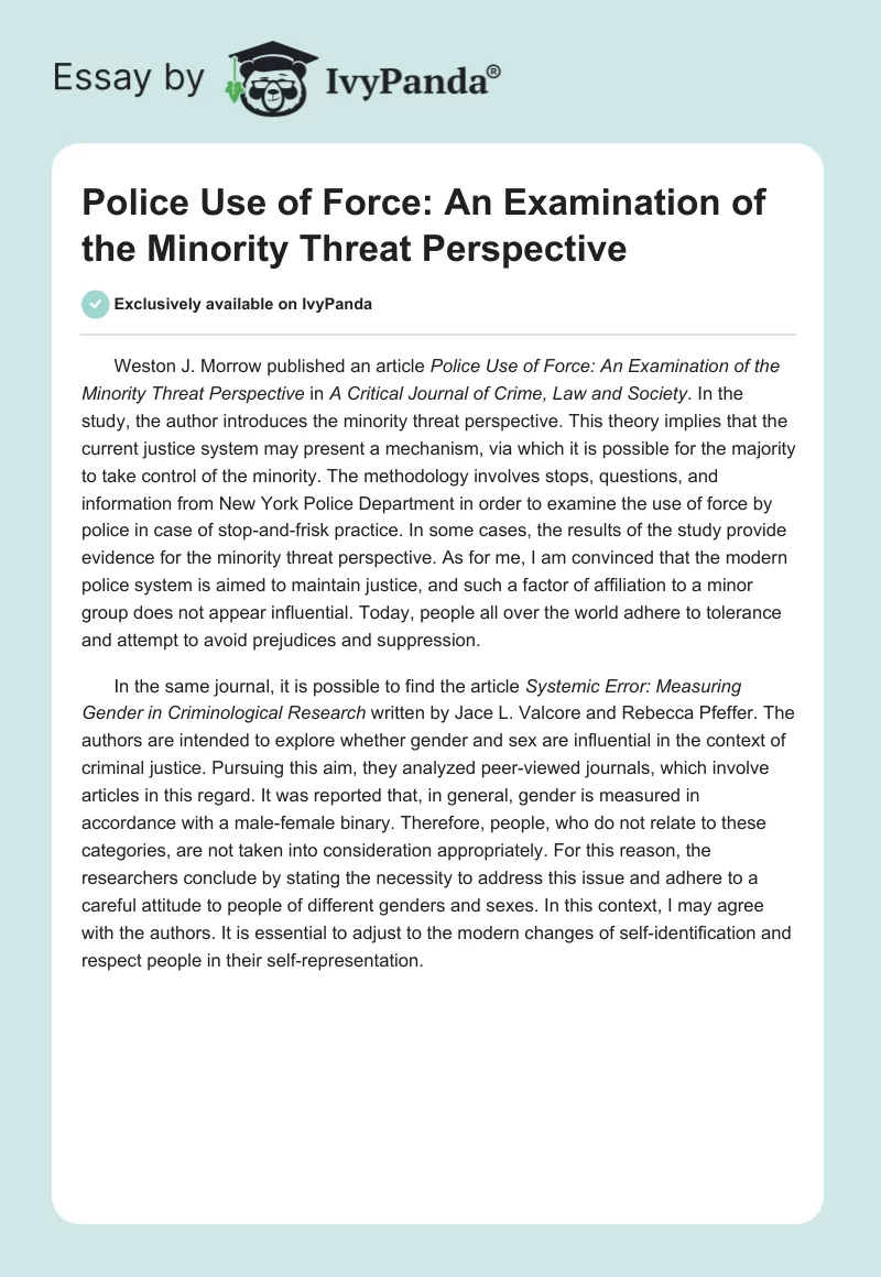 Police Use of Force: An Examination of the Minority Threat Perspective. Page 1