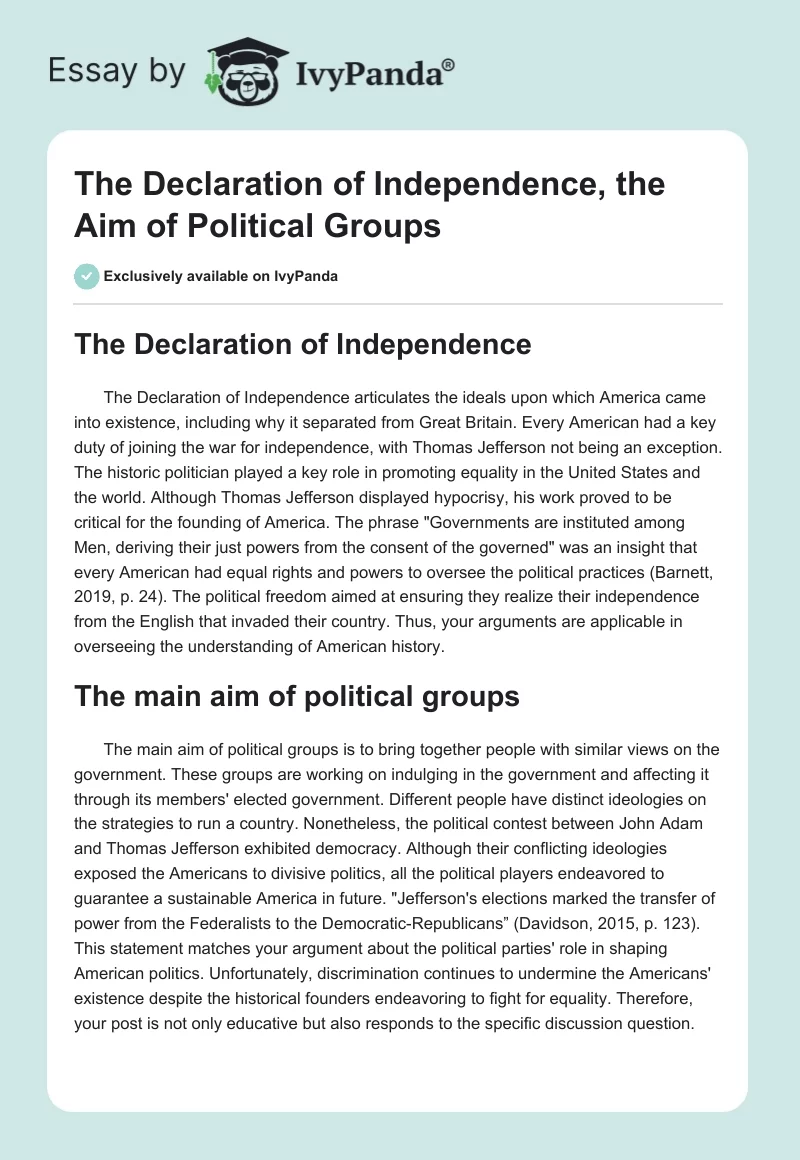The Declaration of Independence, the Aim of Political Groups. Page 1