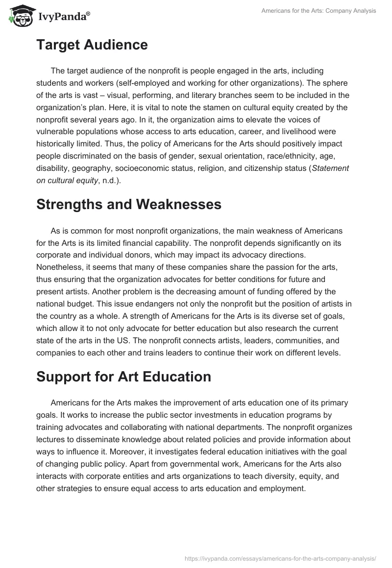 Americans for the Arts: Company Analysis. Page 2