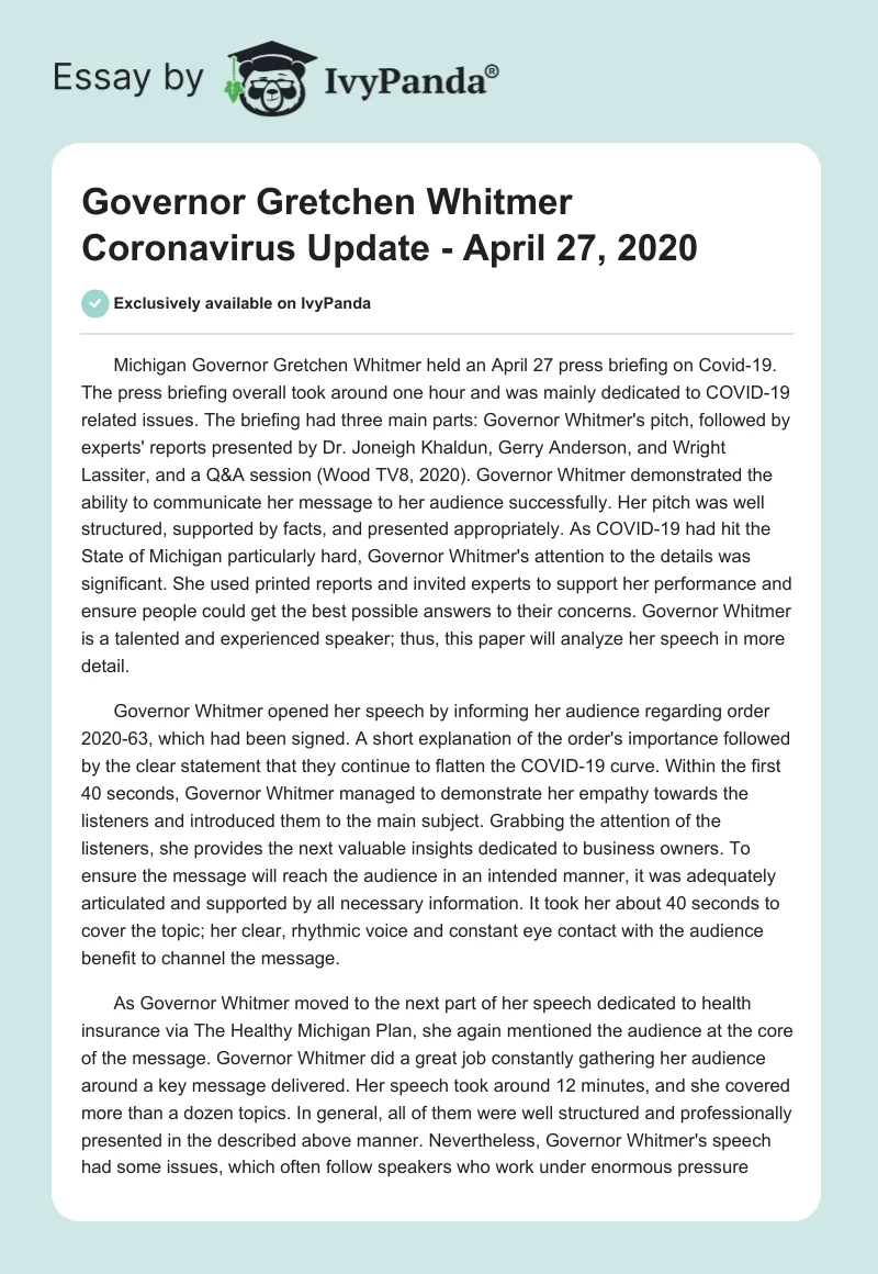 Governor Gretchen Whitmer Coronavirus Update - April 27, 2020. Page 1