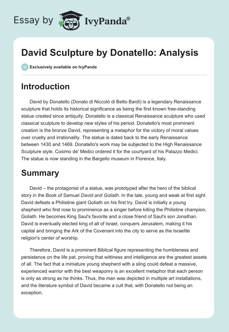 David Sculpture by Donatello: Analysis. Page 1