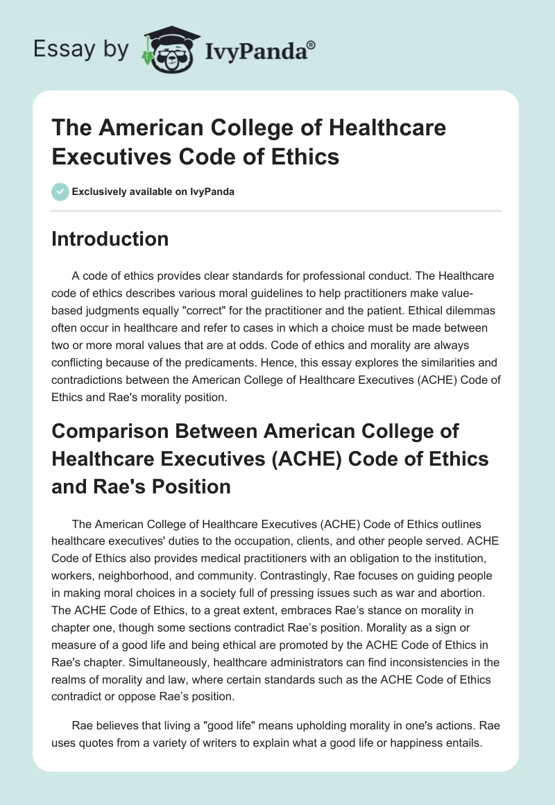 The American College of Healthcare Executives Code of Ethics. Page 1