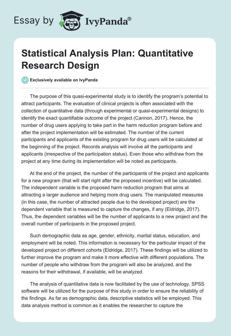 Statistical Analysis Plan: Quantitative Research Design. Page 1