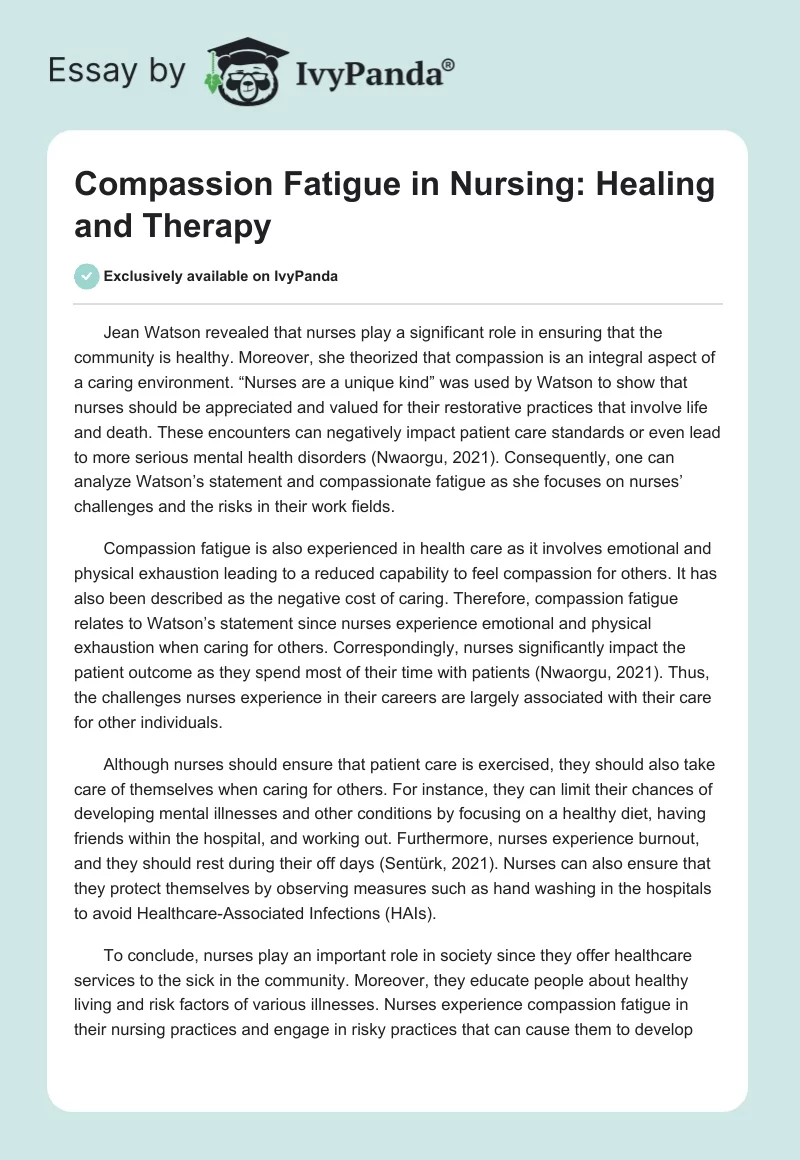 Compassion Fatigue in Nursing: Healing and Therapy. Page 1