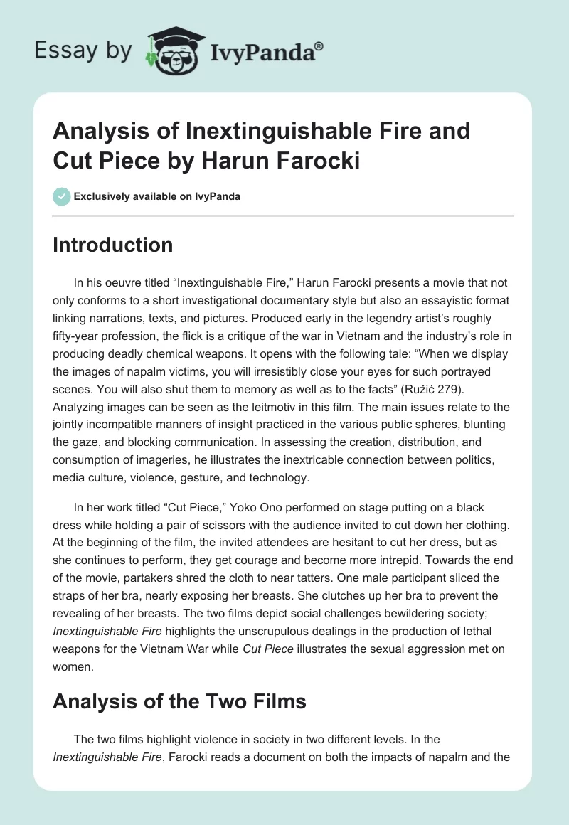 Analysis of "Inextinguishable Fire and Cut Piece" by Harun Farocki. Page 1