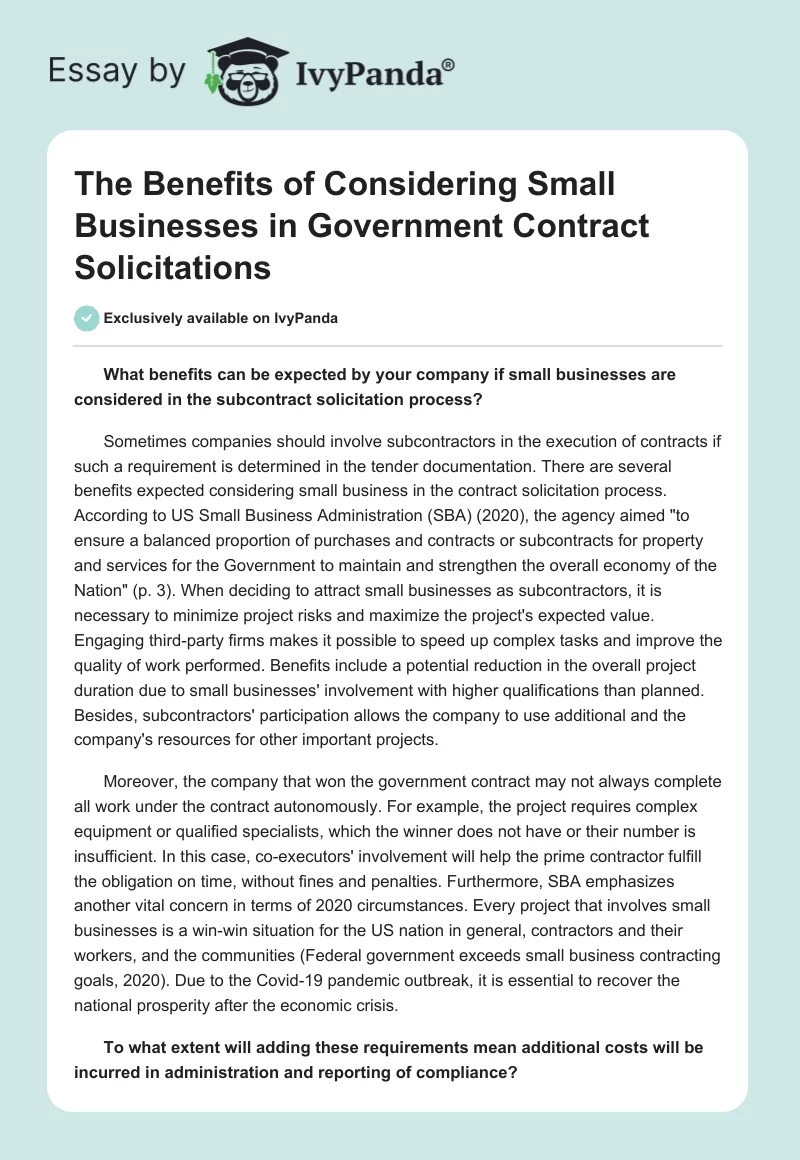 The Benefits of Considering Small Businesses in Government Contract Solicitations. Page 1