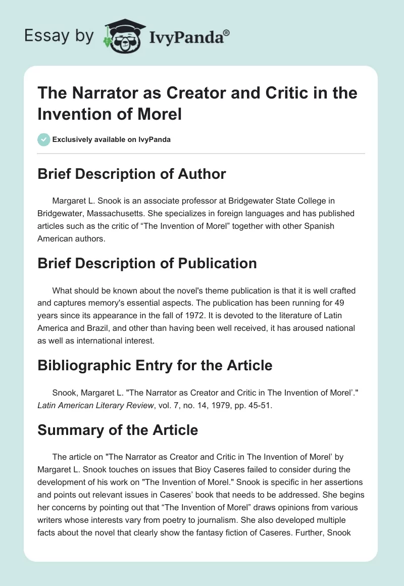 The Narrator as Creator and Critic in the Invention of Morel. Page 1