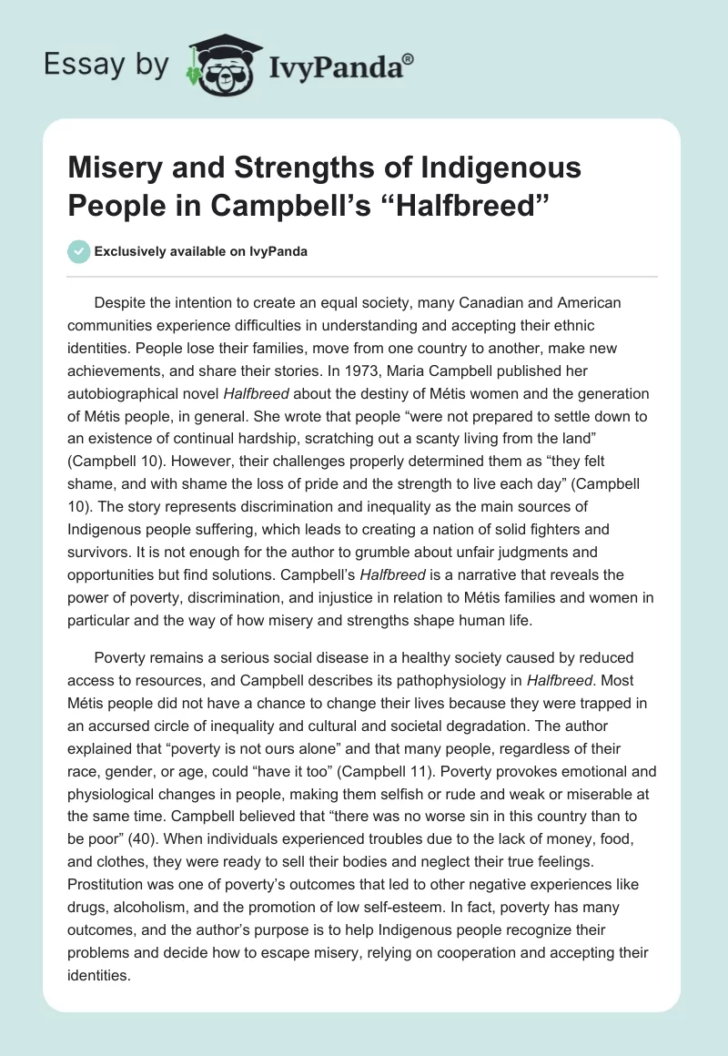 Misery and Strengths of Indigenous People in Campbell’s “Halfbreed”. Page 1