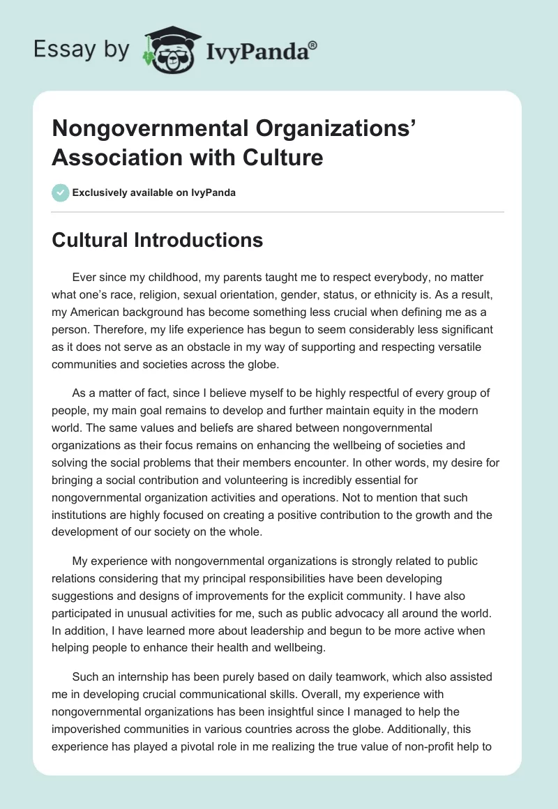 Nongovernmental Organizations’ Association with Culture. Page 1