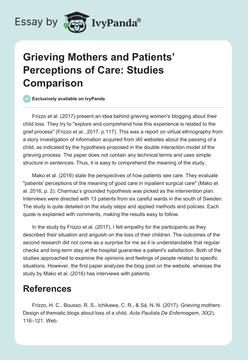 Grieving Mothers and Patients’ Perceptions of Care: Studies Comparison. Page 1