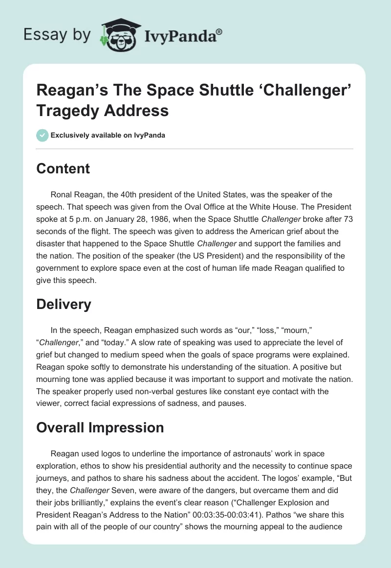 Reagan’s The Space Shuttle ‘Challenger’ Tragedy Address. Page 1
