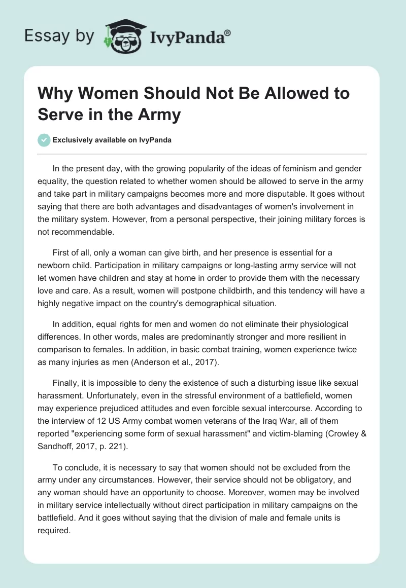 Why Women Should Not Be Allowed to Serve in the Army. Page 1
