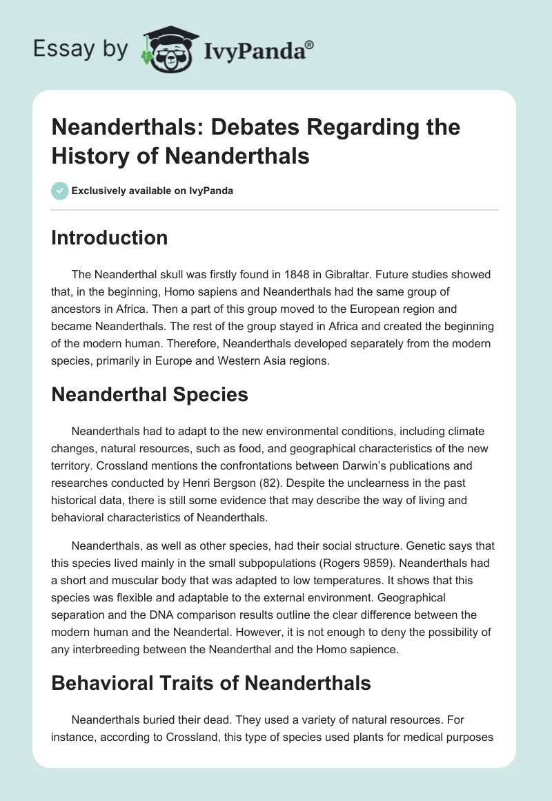 Neanderthals: Debates Regarding the History of Neanderthals. Page 1