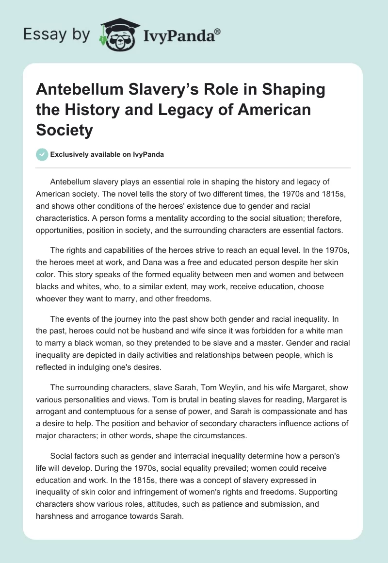 Antebellum Slavery’s Role in Shaping the History and Legacy of American Society. Page 1