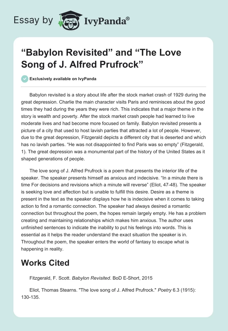 “Babylon Revisited” and “The Love Song of J. Alfred Prufrock”. Page 1