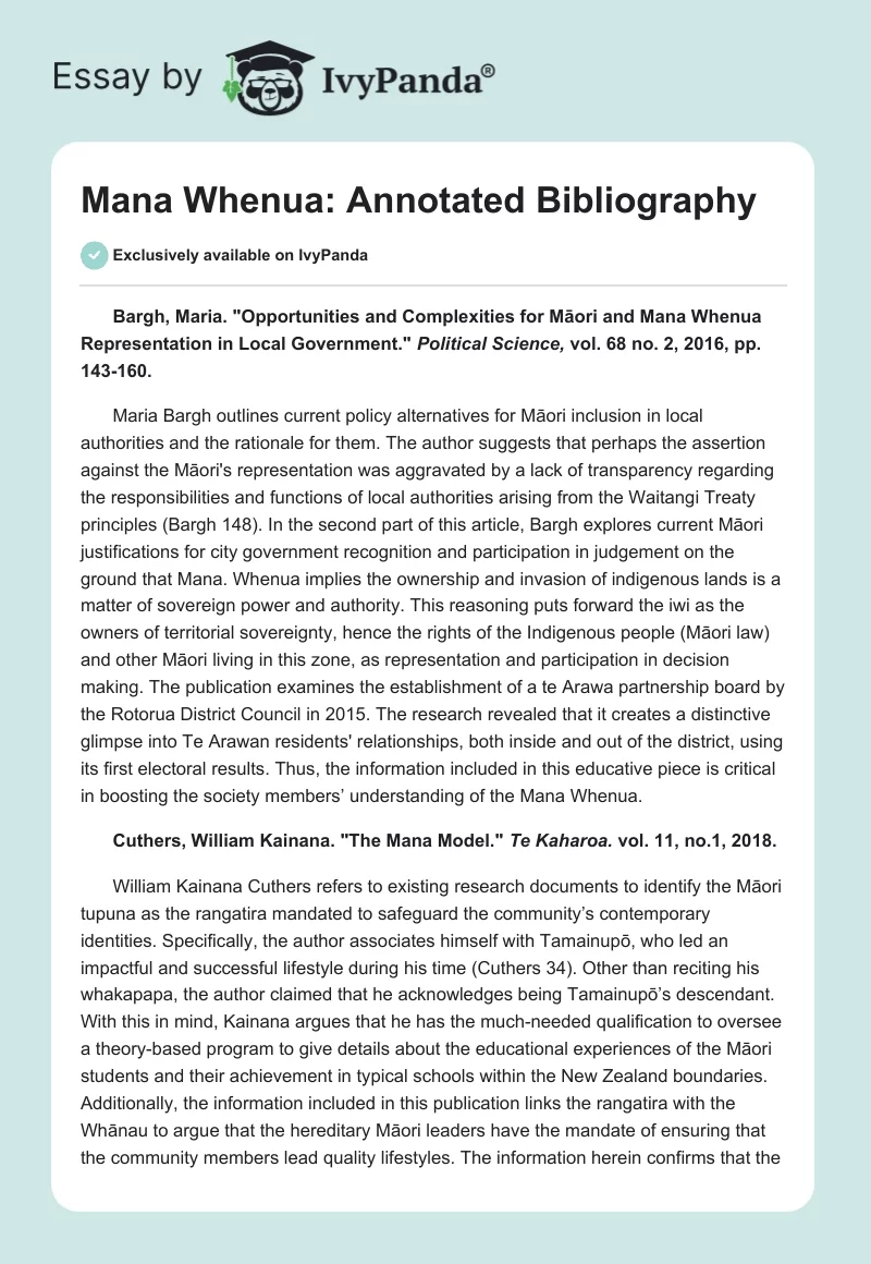 Mana Whenua: Annotated Bibliography. Page 1