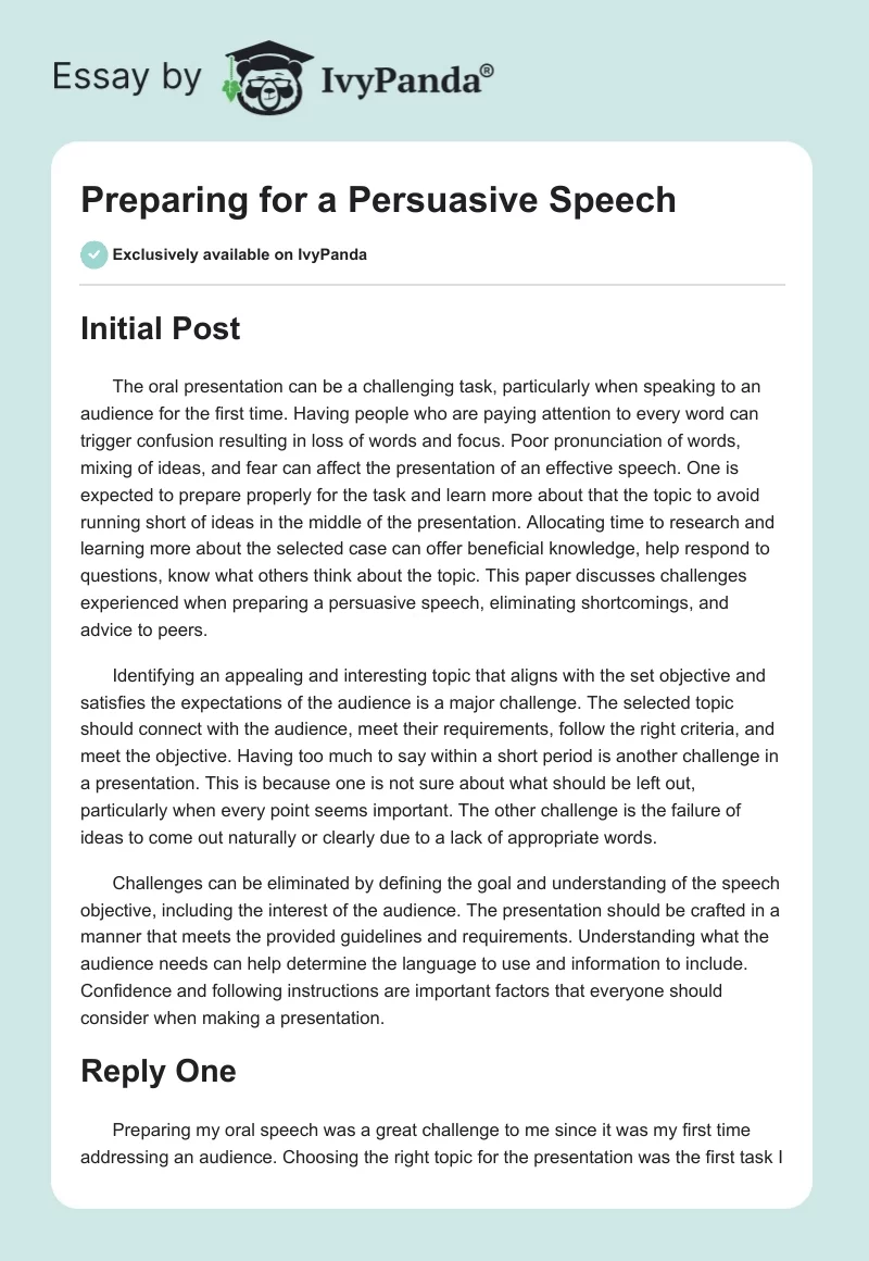 Preparing for a Persuasive Speech. Page 1