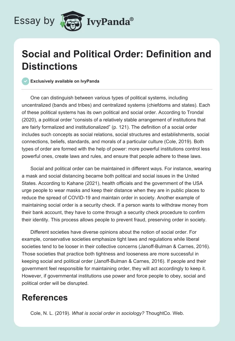 Social and Political Order: Definition and Distinctions. Page 1